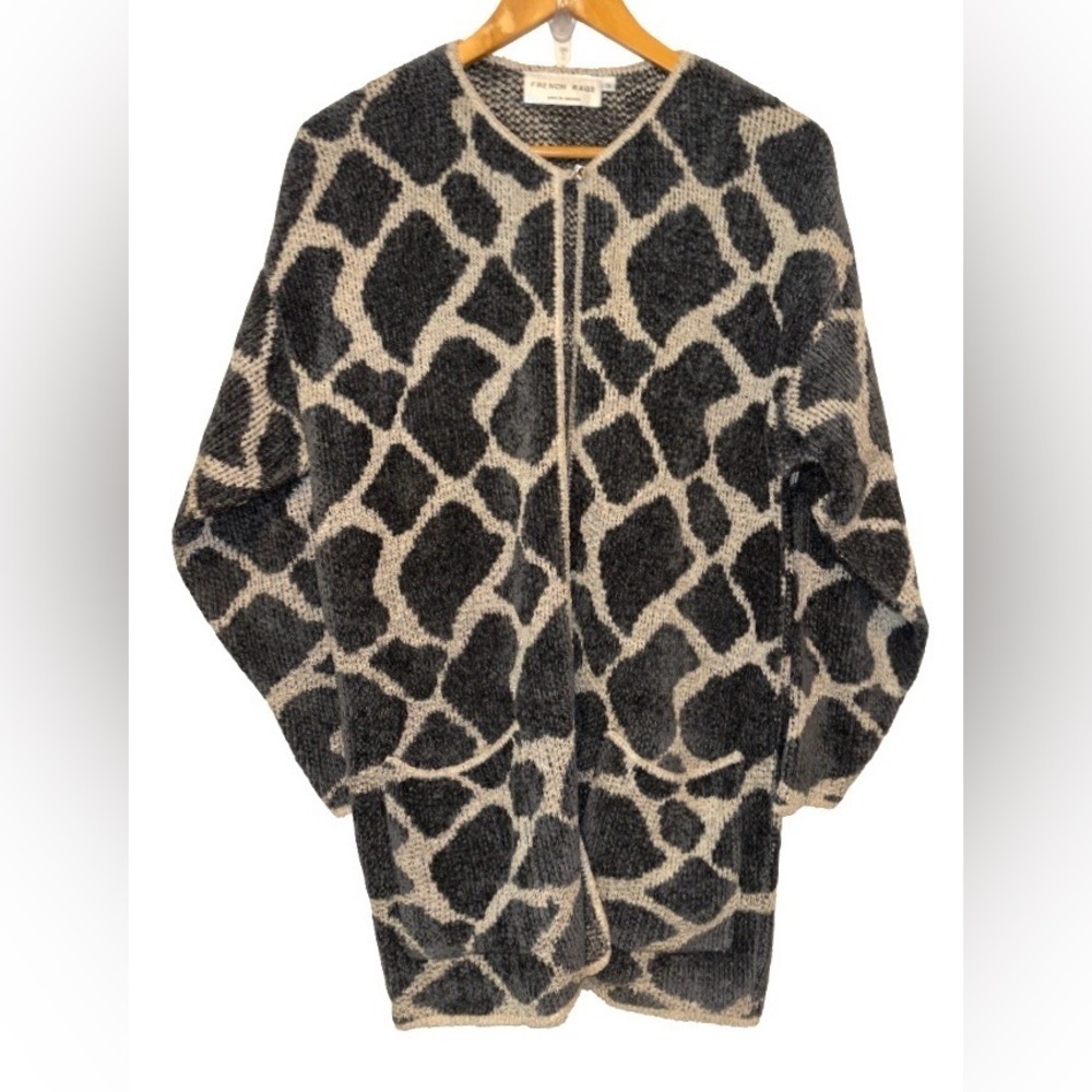 VTG French Rags Giraffe Prnt Duster Cardign SZ 3 L (12-14) gry & tan cozy luxury